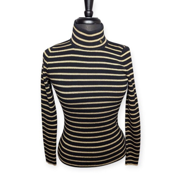 Lauren Ralph Lauren Black & Gold Tone Striped Ribbed Turtleneck Top Size Medium - Picture 1 of 12